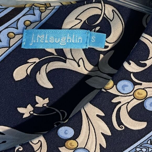 J McLaughlin Ladies Sheath Dress Small Blue Yellow White Print Catalina Knit - Picture 3 of 10